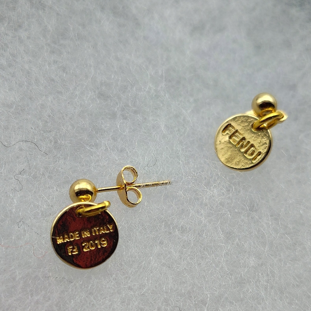 FENDI Logo 2019 Charm Drop Earrings Gold Tone Upcycled Designer Hardware Italy
